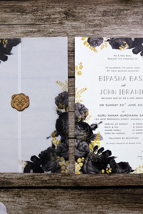 Load image into Gallery viewer, ABC 1285 Translucent Black Floral Vellum Invitation with Gold Wax Seal
