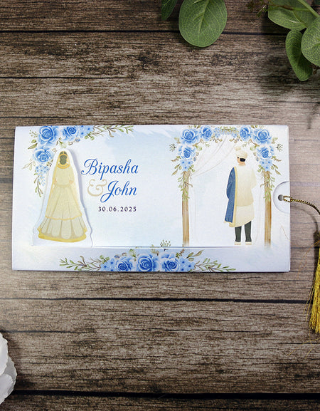 ABC 1301 Sliding Bride & Groom Blue Floral Invitation