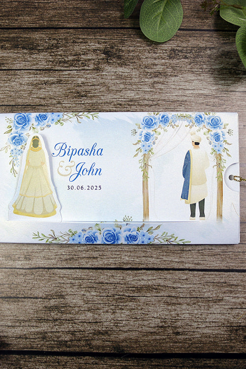 Load image into Gallery viewer, ABC 1301 Sliding Bride &amp; Groom Blue Floral Invitation
