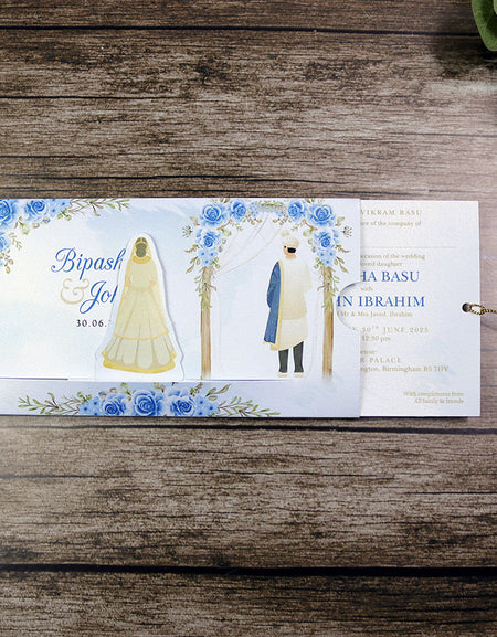 ABC 1301 Sliding Bride & Groom Blue Floral Invitation