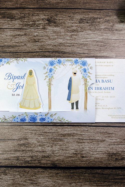 Load image into Gallery viewer, ABC 1301 Sliding Bride &amp; Groom Blue Floral Invitation
