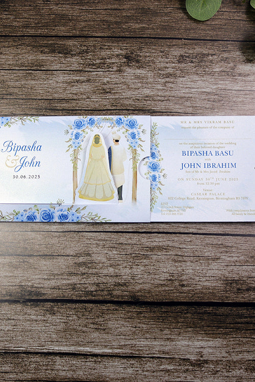 Load image into Gallery viewer, ABC 1301 Sliding Bride &amp; Groom Blue Floral Invitation
