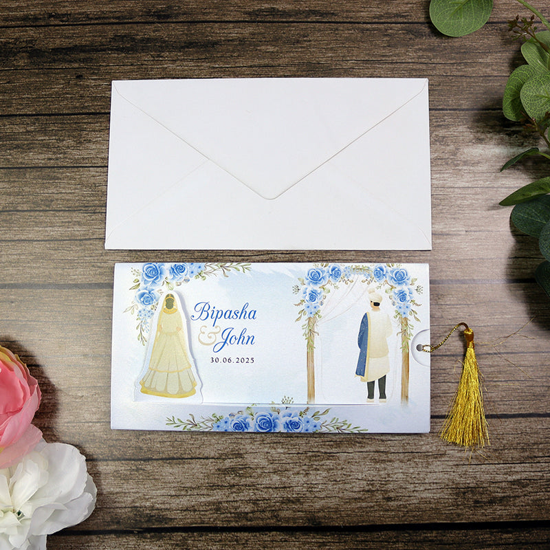 ABC 1301 Sliding Bride & Groom Blue Floral Invitation