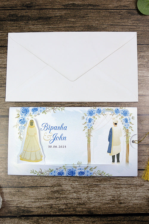 Load image into Gallery viewer, ABC 1301 Sliding Bride &amp; Groom Blue Floral Invitation
