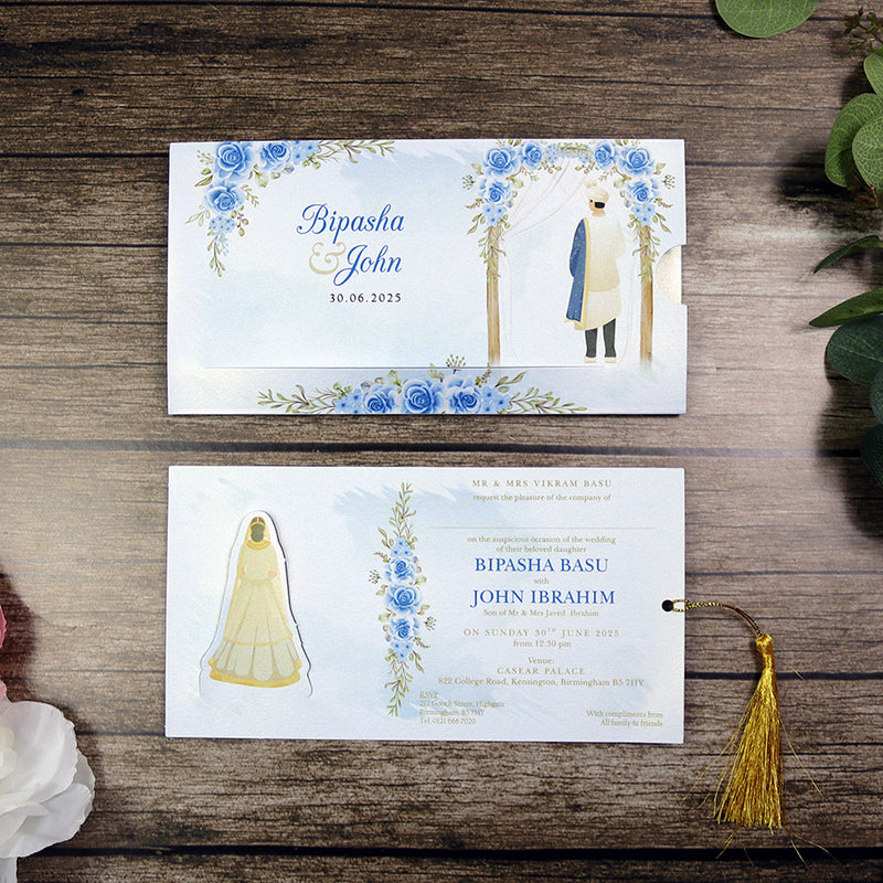 ABC 1301 Sliding Bride & Groom Blue Floral Invitation