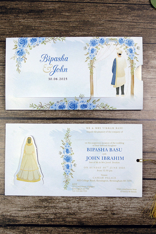 Load image into Gallery viewer, ABC 1301 Sliding Bride &amp; Groom Blue Floral Invitation
