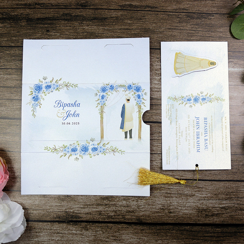 ABC 1301 Sliding Bride & Groom Blue Floral Invitation