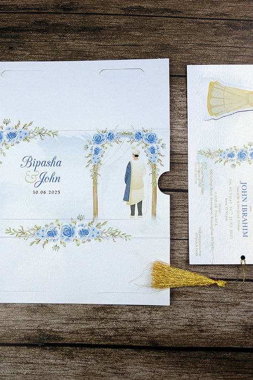 Load image into Gallery viewer, ABC 1301 Sliding Bride &amp; Groom Blue Floral Invitation
