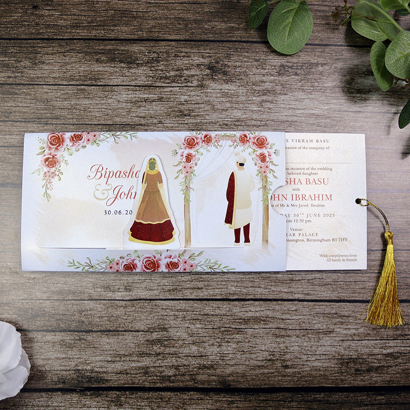 ABC 1302 Sliding Bride & Groom Red Floral Invitation