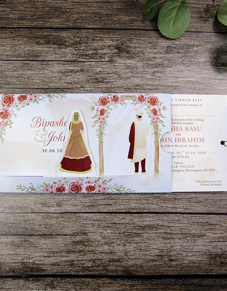 ABC 1302 Sliding Bride & Groom Red Floral Invitation