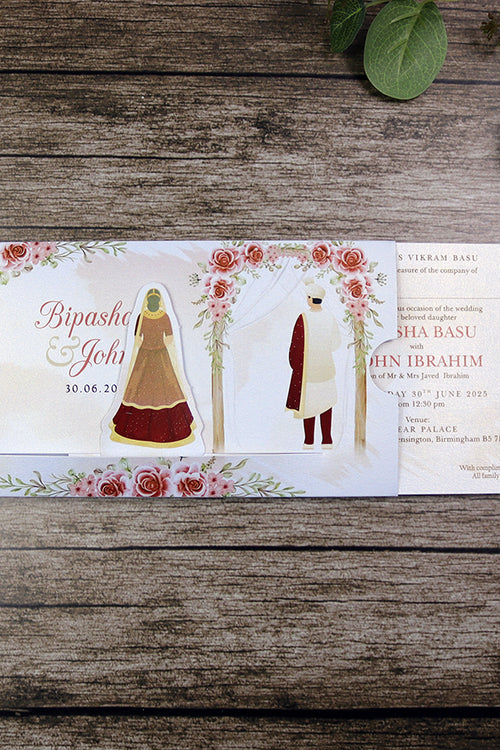 Load image into Gallery viewer, ABC 1302 Sliding Bride &amp; Groom Red Floral Invitation

