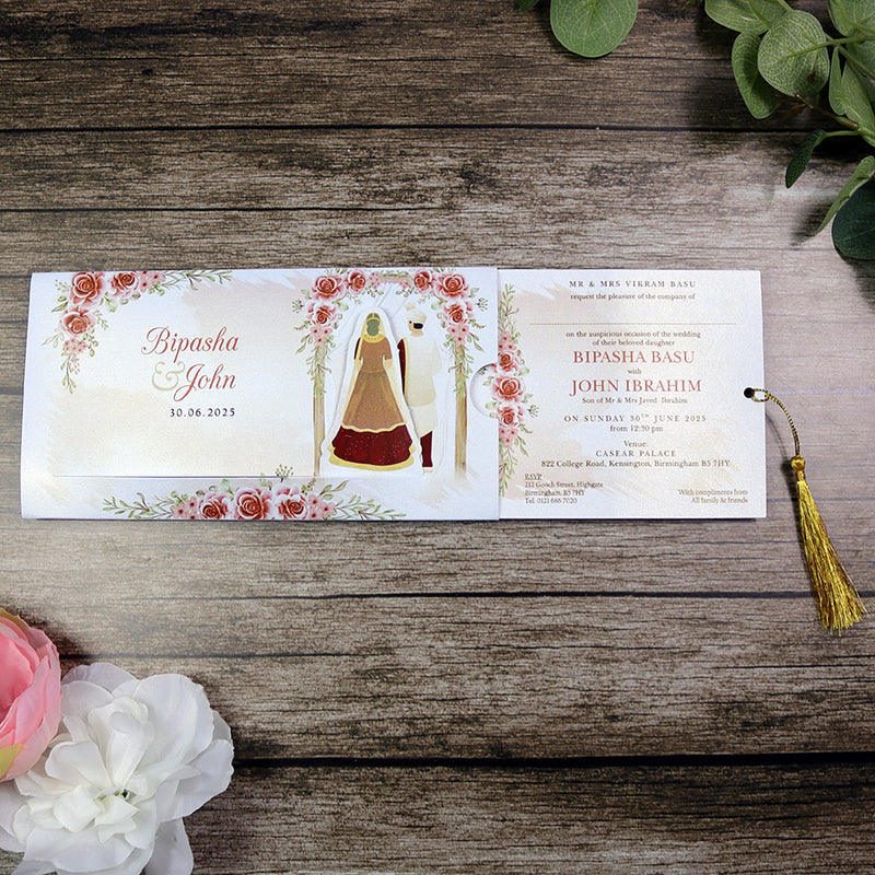 ABC 1302 Sliding Bride & Groom Red Floral Invitation