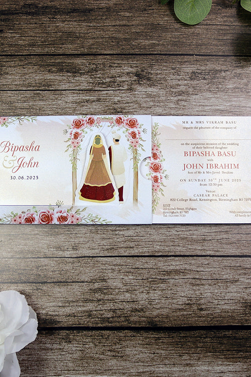 Load image into Gallery viewer, ABC 1302 Sliding Bride &amp; Groom Red Floral Invitation
