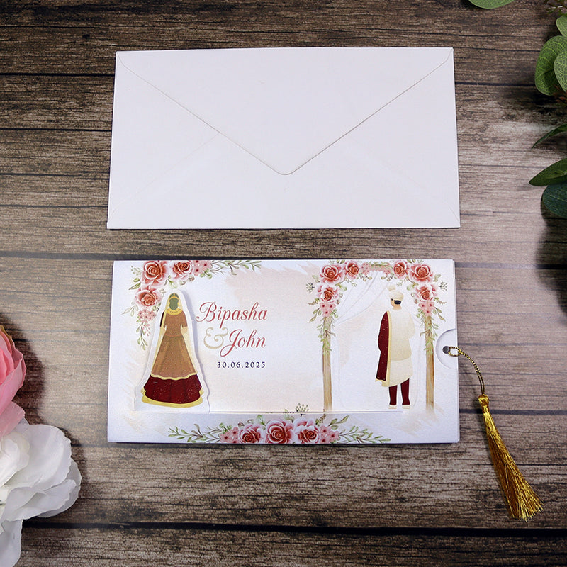 ABC 1302 Sliding Bride & Groom Red Floral Invitation