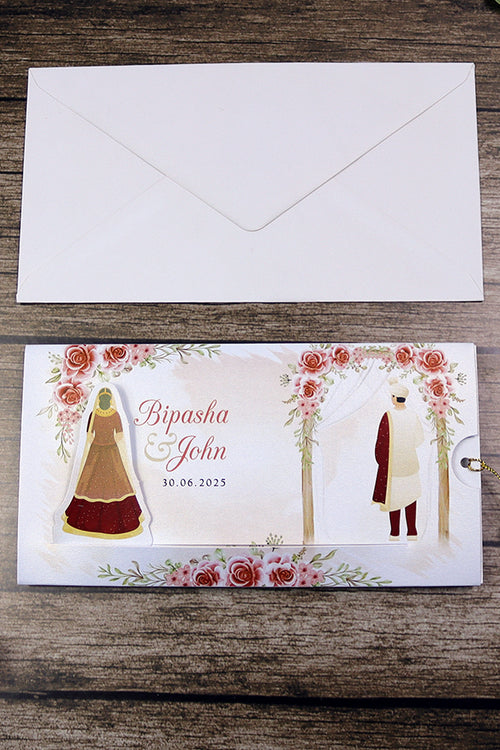 Load image into Gallery viewer, ABC 1302 Sliding Bride &amp; Groom Red Floral Invitation
