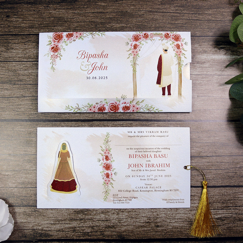 ABC 1302 Sliding Bride & Groom Red Floral Invitation