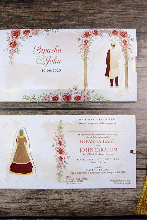 Load image into Gallery viewer, ABC 1302 Sliding Bride &amp; Groom Red Floral Invitation
