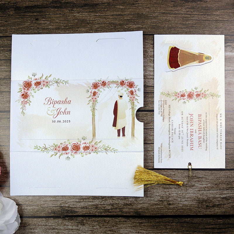 ABC 1302 Sliding Bride & Groom Red Floral Invitation