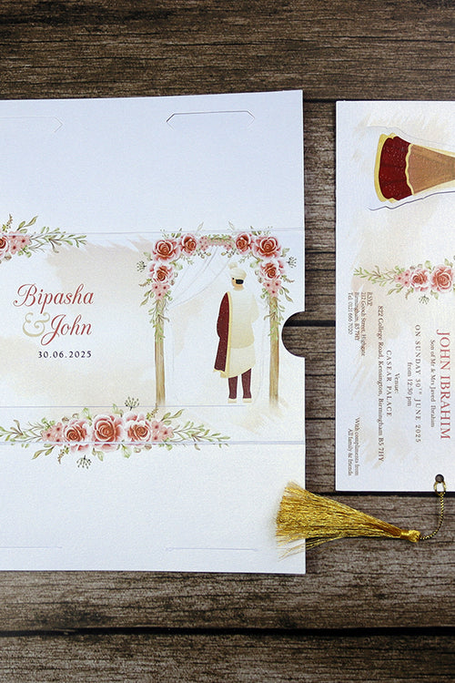 Load image into Gallery viewer, ABC 1302 Sliding Bride &amp; Groom Red Floral Invitation
