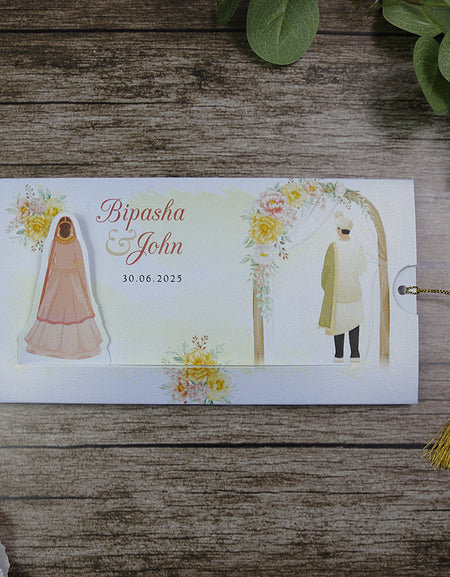 ABC 1303 Sliding Bride & Groom Yellow Floral Invitation