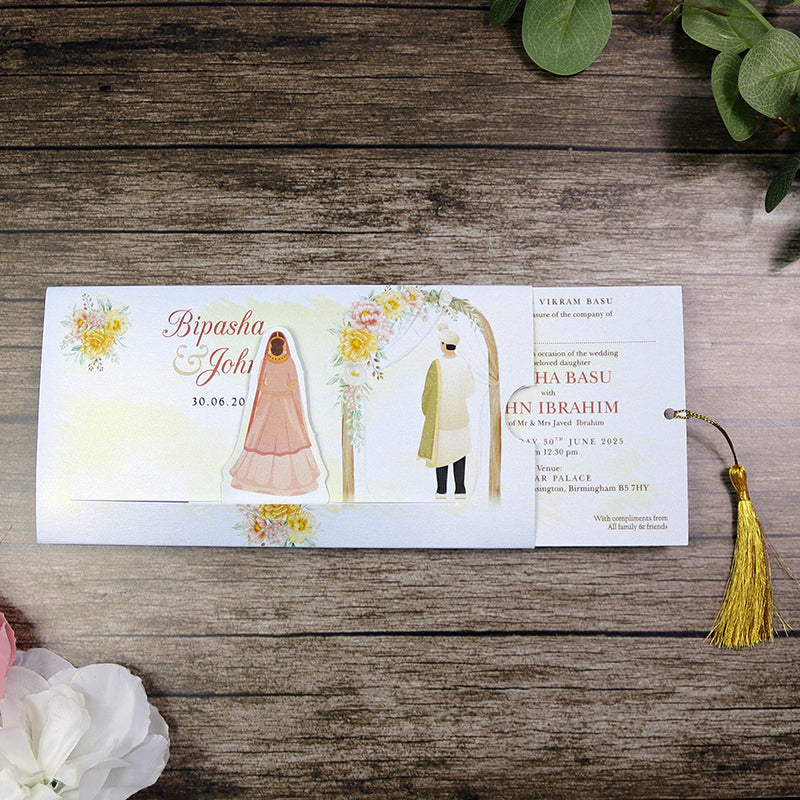 ABC 1303 Sliding Bride & Groom Yellow Floral Invitation