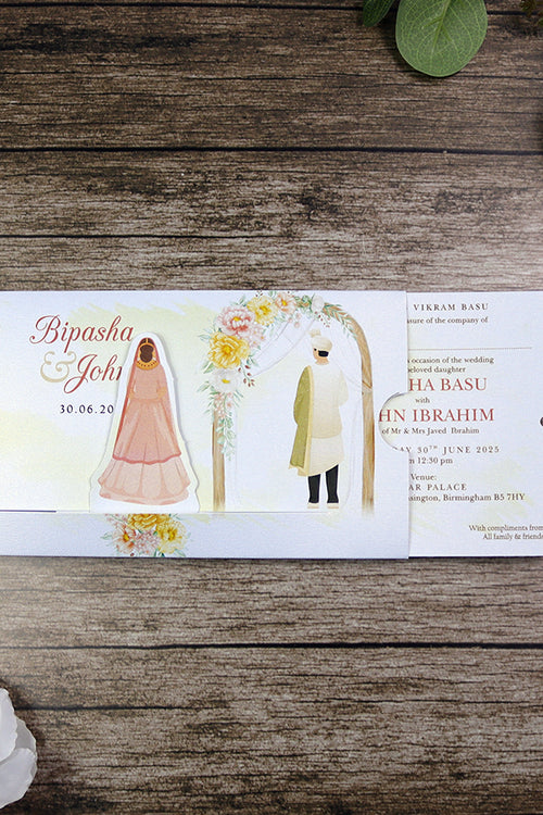 Load image into Gallery viewer, ABC 1303 Sliding Bride &amp; Groom Yellow Floral Invitation
