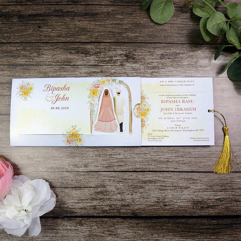 ABC 1303 Sliding Bride & Groom Yellow Floral Invitation