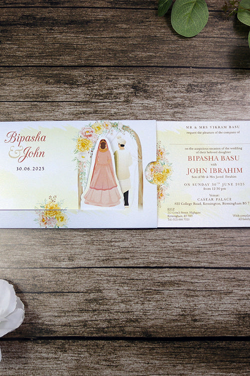 Load image into Gallery viewer, ABC 1303 Sliding Bride &amp; Groom Yellow Floral Invitation
