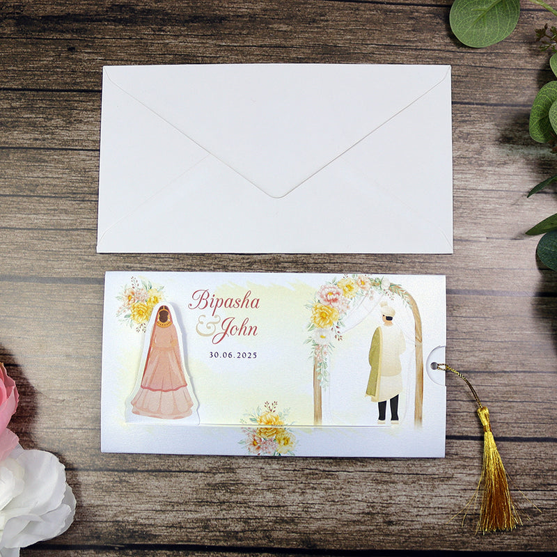 ABC 1303 Sliding Bride & Groom Yellow Floral Invitation