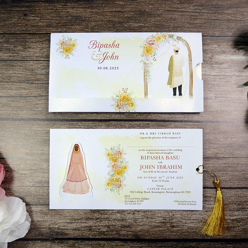 ABC 1303 Sliding Bride & Groom Yellow Floral Invitation