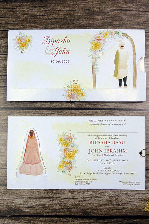 Load image into Gallery viewer, ABC 1303 Sliding Bride &amp; Groom Yellow Floral Invitation
