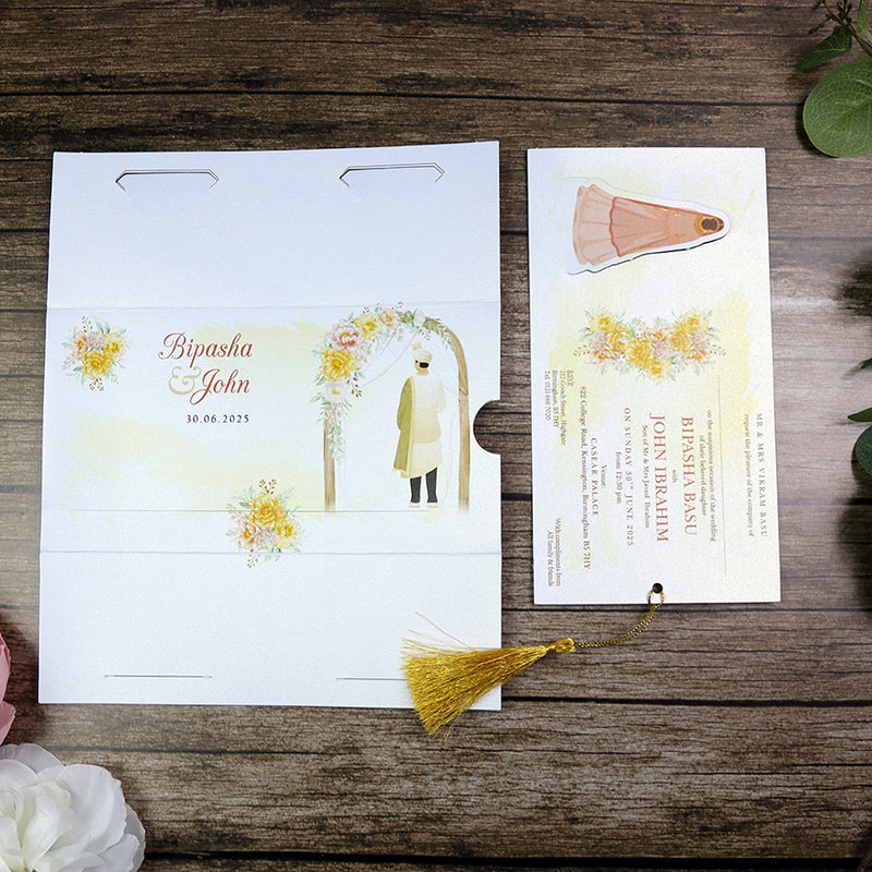 ABC 1303 Sliding Bride & Groom Yellow Floral Invitation