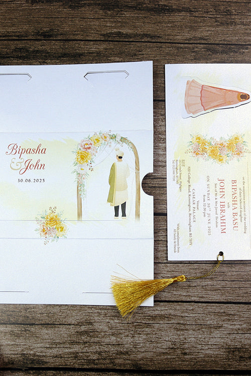 Load image into Gallery viewer, ABC 1303 Sliding Bride &amp; Groom Yellow Floral Invitation

