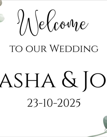 Minimalist wedding welcome board with fresh green leaf design. shaadicards bradford