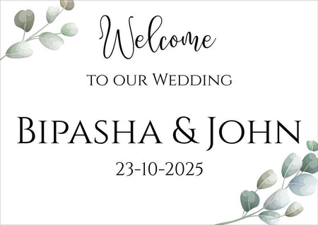 Minimalist wedding welcome board with fresh green leaf design. shaadicards bradford