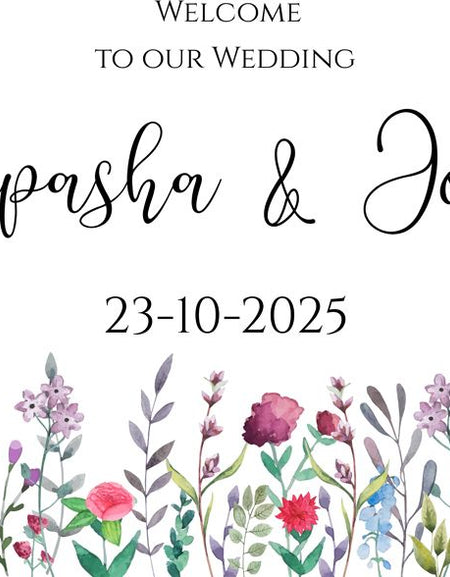 Artistic watercolor welcome sign with bright multicolor floral elements.