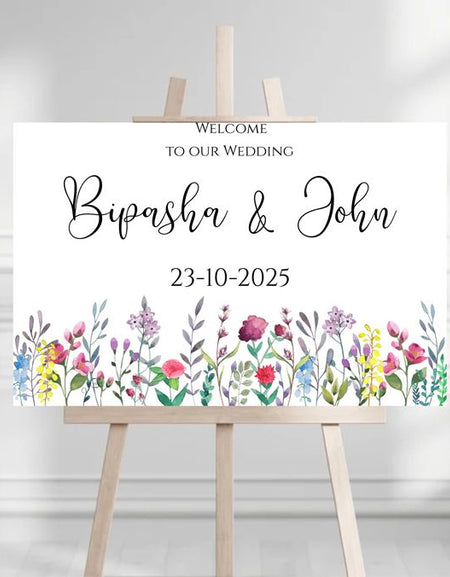 A1 wedding welcome sign with multicolor hand-drawn watercolor flowers in purple, red, yellow, blue, and green. special shaadi cards