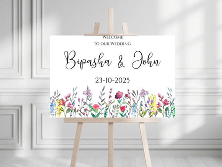 A1 wedding welcome sign with multicolor hand-drawn watercolor flowers in purple, red, yellow, blue, and green. special shaadi cards