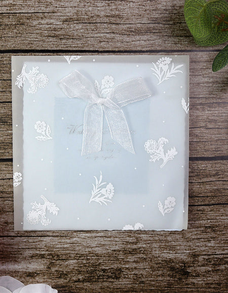 2006 silver floral Baby Blue bow Vellum overlay wedding invitation