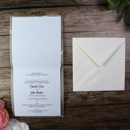 2006 silver floral Baby Blue bow Vellum overlay wedding invitation