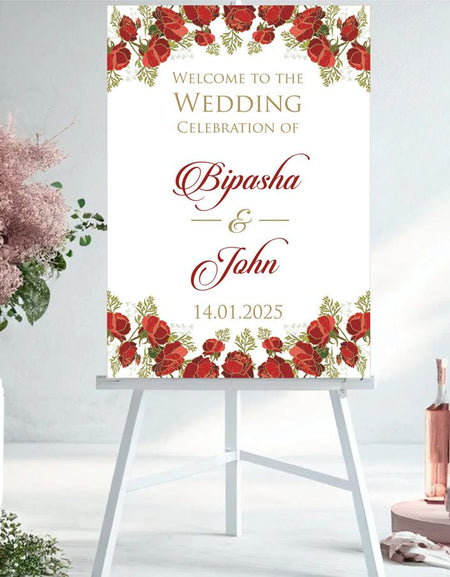 A1 floral wedding welcome sign with red, pink, and maroon roses, printed on foam board from Shadi Card