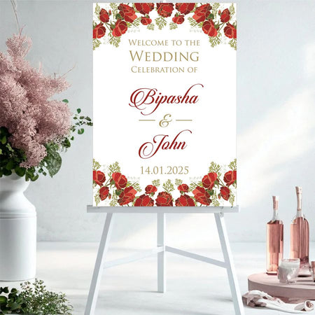 A1 floral wedding welcome sign with red, pink, and maroon roses, printed on foam board from Shadi Card