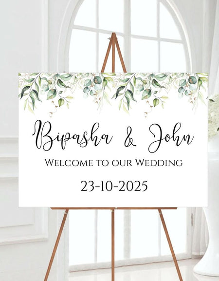 large wedding welcome sign which is customised to your wedding theme with green floral leaf border