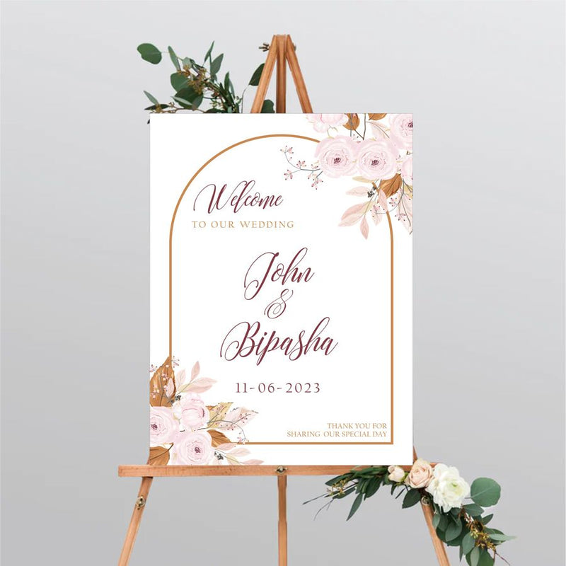 Dusky pink roses with brown autumnal leaves design and brown line arch design border