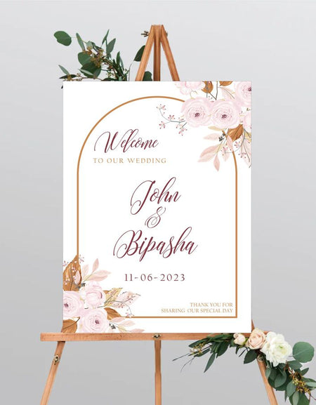 Dusky pink roses with brown autumnal leaves design and brown line arch design border