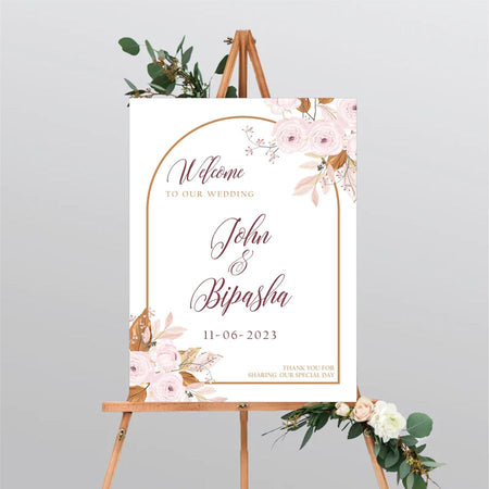 Dusky pink roses with brown autumnal leaves design and brown line arch design border