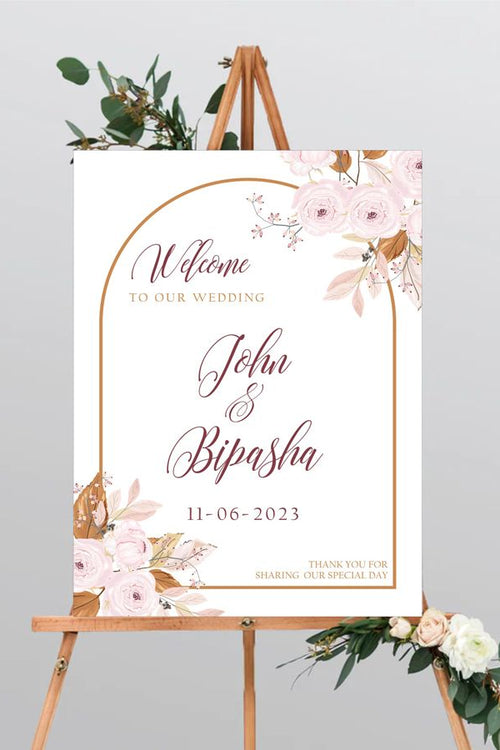 Load image into Gallery viewer, Dusky pink roses with brown autumnal leaves design and brown line arch design border
