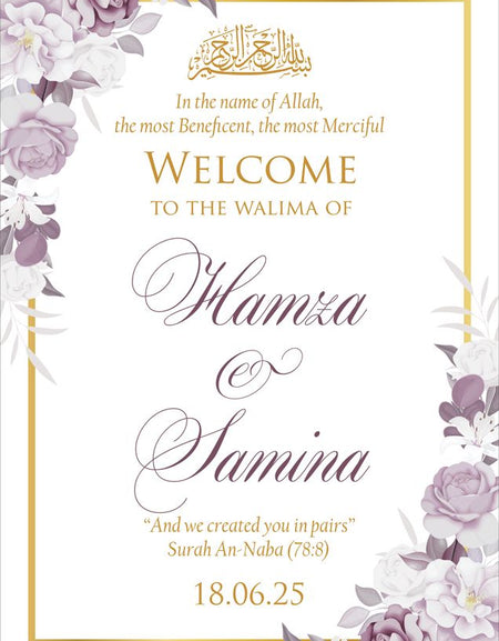 2031 Islamic Wedding Welcome Sign | Purple & White Floral Design with Gold Border & Arabic Bismillah