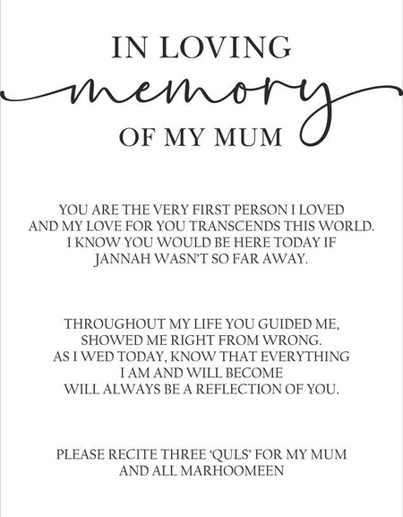 2032 Remembrance Board displayed at a Muslim wedding, paired with floral decor and foam board stands for a touching tribute