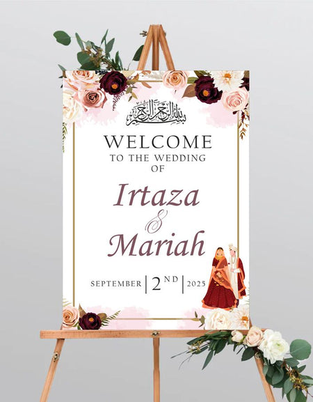 Front view of 2034 Party Entrance Welcome Sign with a caricature of a Desi couple in traditional wedding attire, framed by maroon, pink, and peach roses and a gold border